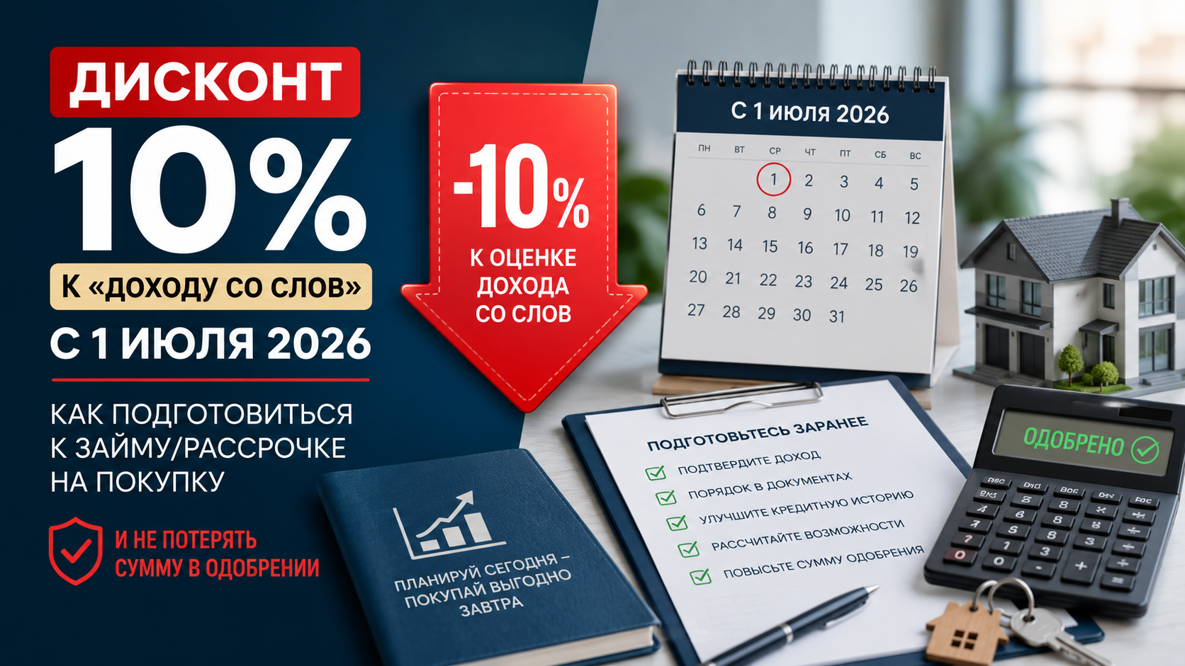 Дисконт 10% к неподтверждённому доходу с 1 июля 2026: 7 шагов для покупки в рассрочку